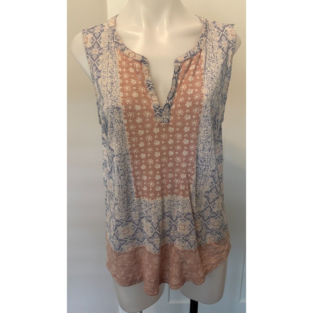 Lucky Brand Womens Knit TOP Sleeveless Pink Blue White Floral Size L